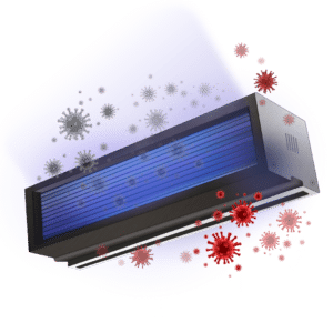 Conventional GUV unit showing how the light emitted from the device can inactivate pathogens.