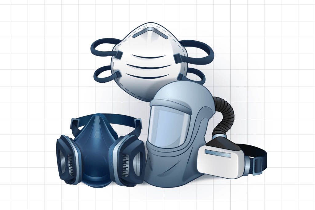 Landscape image of three types of respirators on a gray grid