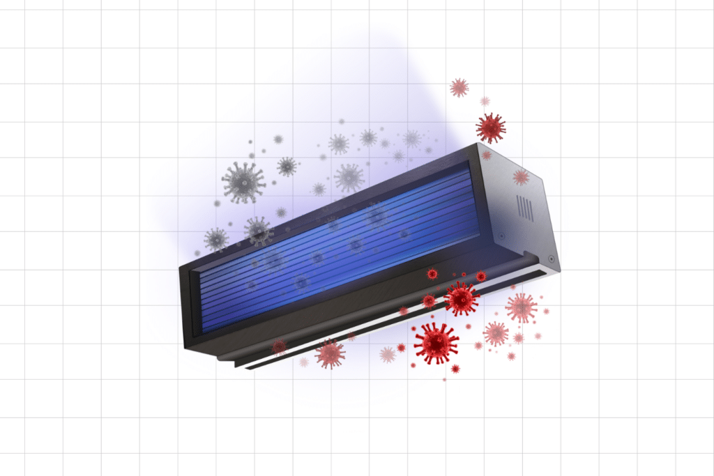 Conventional GUV unit showing how the light emitted from the device can inactivate pathogens.